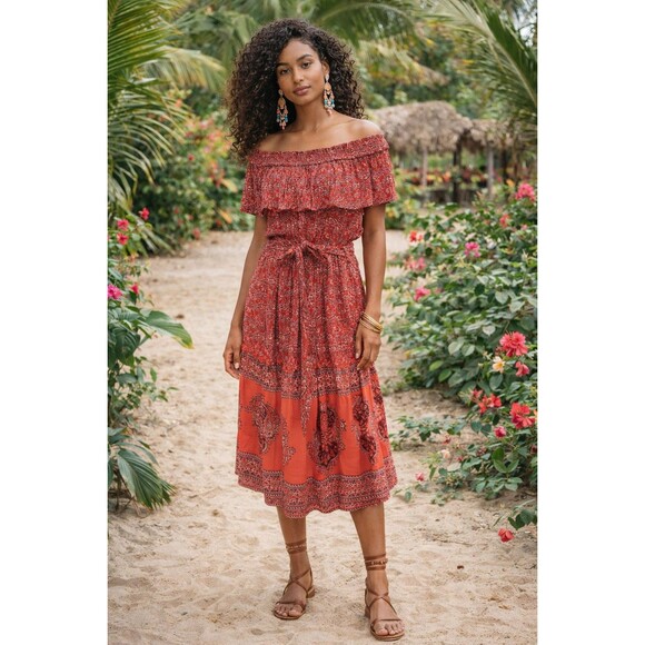 Nostalgia Dresses & Skirts - Nostalgia Red Orange Paisley Off Shoulder Dress Boho Ruffle Belted Midi L NWT